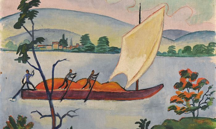 August Macke, Flusslandschaft mit Segeljungen, 1910, Öl auf Leinwand, Öl auf Leinwand, 53 x 68 cm, Museum August Macke Haus, Dauerleihgabe Sammlung Walter und Hedwig von Scheven. © Foto: Lars Bergengruen